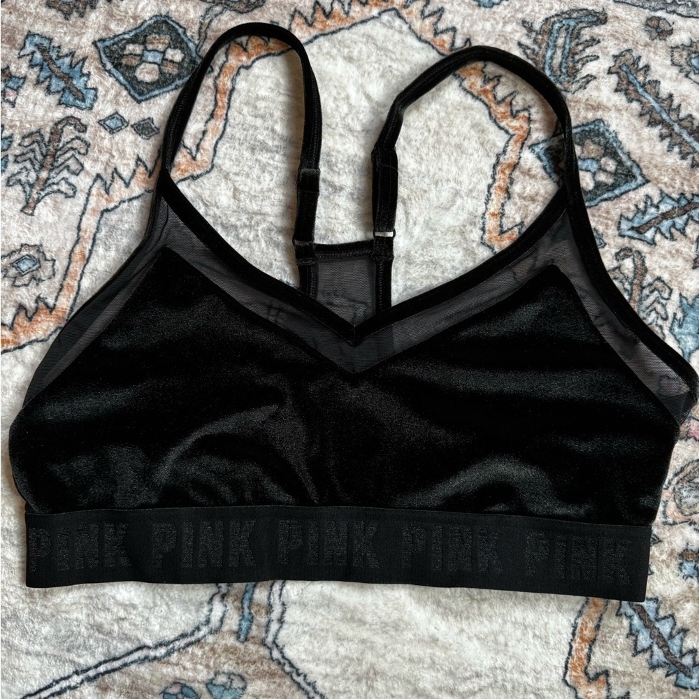 PINK Velvet and Mesh Sports Bra - Black Small